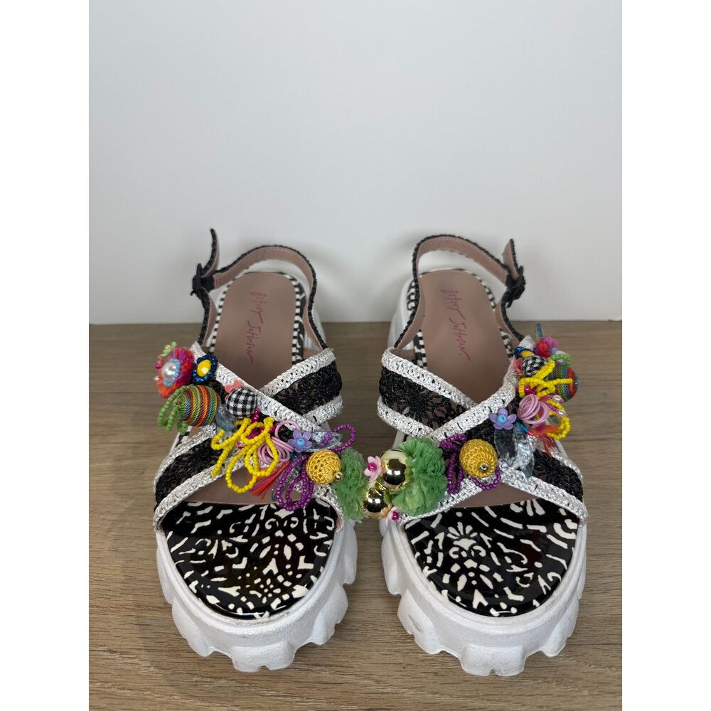 Betsey Johnson Black & White Platform Sandals with Multicolor Embellishments - Picture 7 of 9